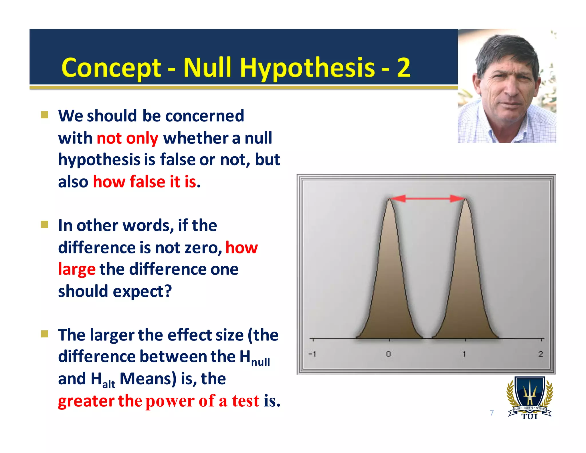 ¡ We	
  should	
  be	
  concerned	
  
with	
  not	
  only	
  whether	
  a	
  null	
  
hypothesis	
  is	
  false	
  or	
  not,	
  but	
  
also	
  how	
  false	
  it	
  is.
¡ In	
  other	
  words,	
  if	
  the	
  
difference	
  is	
  not	
  zero,	
  how	
  
large the	
  difference	
  one	
  
should	
  expect?	
  
¡ The	
  larger	
  the	
  effect	
  size	
  (the	
  
difference	
  between	
  the	
  Hnull
and	
  Halt Means)	
  is,	
  the	
  
greater	
  the power of a test is. 7
 