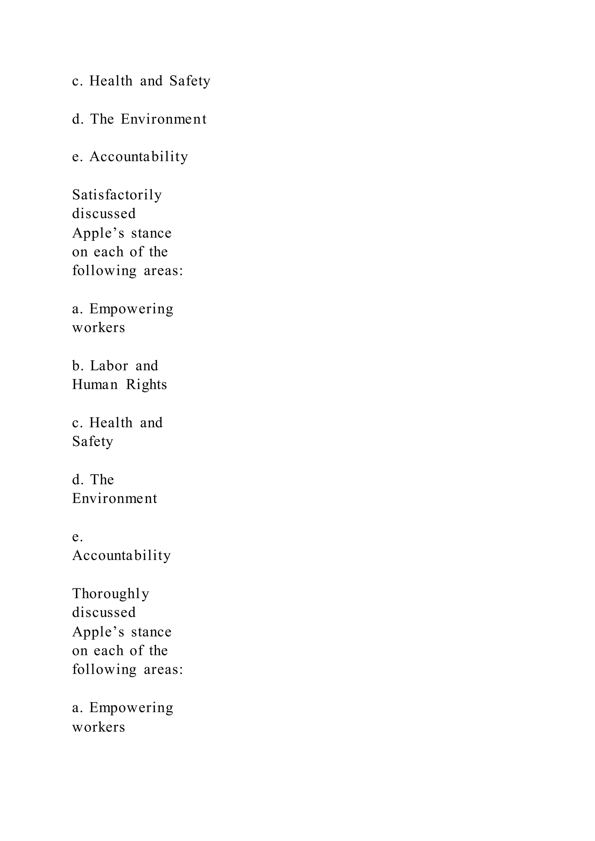 c. Health and Safety
d. The Environment
e. Accountability
Satisfactorily
discussed
Apple’s stance
on each of the
following areas:
a. Empowering
workers
b. Labor and
Human Rights
c. Health and
Safety
d. The
Environment
e.
Accountability
Thoroughly
discussed
Apple’s stance
on each of the
following areas:
a. Empowering
workers
 