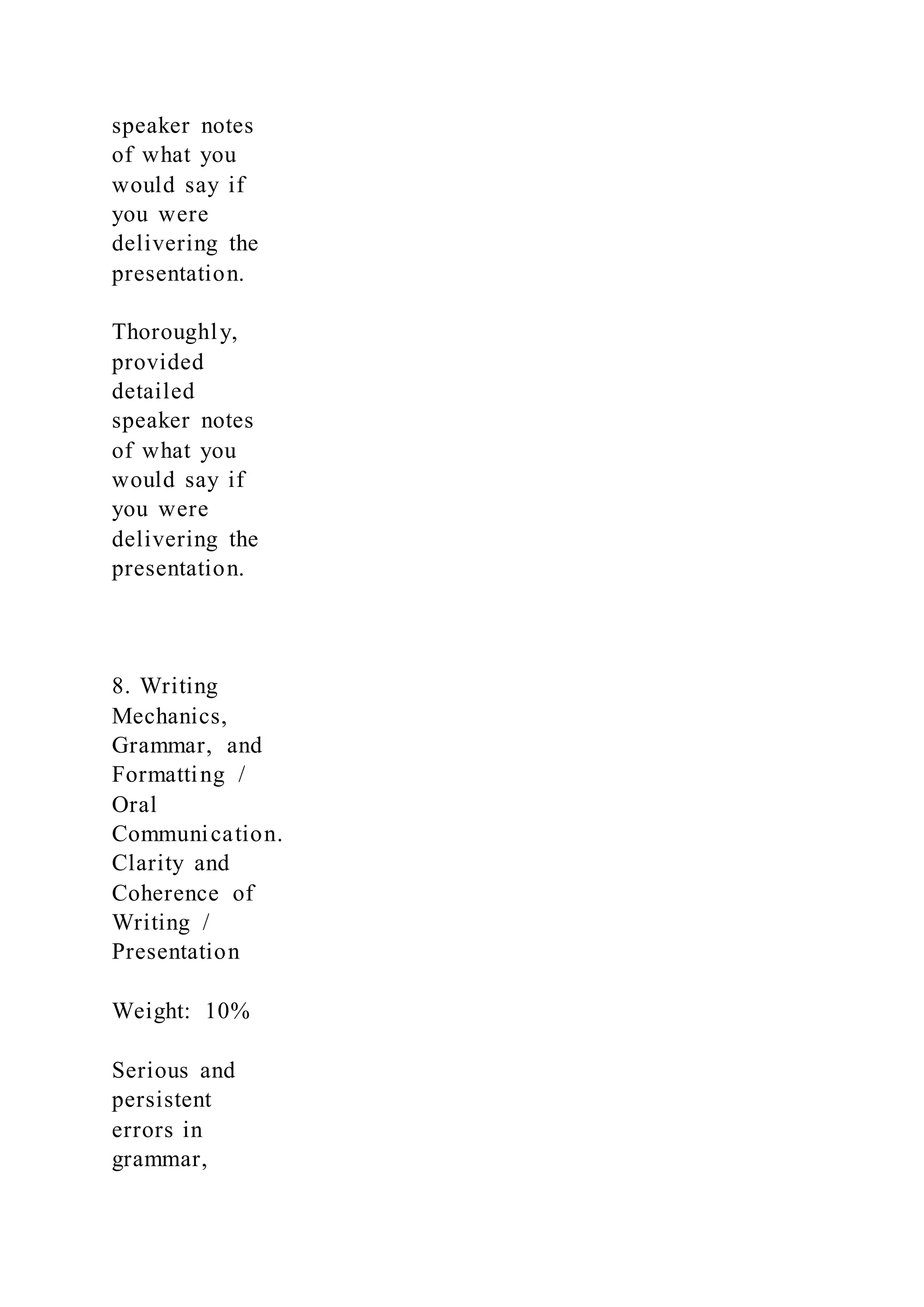 speaker notes
of what you
would say if
you were
delivering the
presentation.
Thoroughly,
provided
detailed
speaker notes
of what you
would say if
you were
delivering the
presentation.
8. Writing
Mechanics,
Grammar, and
Formatting /
Oral
Communication.
Clarity and
Coherence of
Writing /
Presentation
Weight: 10%
Serious and
persistent
errors in
grammar,
 