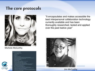 The core protocols
”It encapsulates and makes accessible the
best interpersonal collaboration technology
currently available and has been
thoroughly researched, tested and applied
over the past twelve year”
Michele McCarthy
Jim McCarthy
 