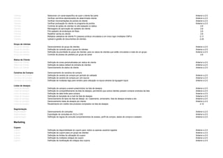 Clientes Selecionar um canal específico ao qual o cliente faz parte Anterior a 2.5
Clientes Verificar carrinhos abandonados de determinado cliente Anterior a 2.5
Clientes Verificar movimentações de pontos do cliente Anterior a 2.5
Clientes Verificar pontuação do cliente no programa de pontos Anterior a 2.5
Clientes Controle de ações de clientes no site baseado no status 2.6
Clientes Mensagens de aprovação de cadastro de cliente 2.6
Clientes Pré-cadastro de endereços de filiais 2.6
Clientes Redefinir senha do cliente 2.6
Clientes Múltiplos cadastros de cliente PJ (pessoa jurídica) vinculados a um único login (múltiplos CNPJ) 2.11
Clientes Upload e gestão de documentos de clientes 2.25
Grupo de clientes
Grupo de clientes Gerenciamento de grupo de clientes Anterior a 2.5
Grupo de clientes Definição de contrato para o grupo de clientes Anterior a 2.5
Grupo de clientes Definição da prioridade do grupo de clientes, para os casos de clientes que estão vinculados a mais de um grupo Anterior a 2.5
Grupo de clientes Controle de acesso de pedidos por grupo de canal 2.6
Status de Cliente
Status de Cliente Definição de cores personalizadas por status de cliente Anterior a 2.5
Status de Cliente Definição de status default de entrada de clientes Anterior a 2.5
Status de Cliente Gerenciamento de status de cliente Anterior a 2.5
Cenários de Compra Gerenciamento de cenários de compra
Cenários de Compra Definição de cenário de compra por período de validade Anterior a 2.5
Cenários de Compra Definição de cenário de compra por utm source Anterior a 2.5
Cenários de Compra Definição de multiplas tags para cenário para utilização no layout atraves da liguagem liquid Anterior a 2.5
Listas de desejos
Listas de desejos Definição de campos a serem preenchidos na lista de desejos Anterior a 2.5
Listas de desejos Definição do compartilhamento da lista de desejos, permitindo que outros clientes possam comprar produtos da lista Anterior a 2.5
Listas de desejos Definição de data limite para compra Anterior a 2.5
Listas de desejos Definição do template de e-mail da lista de desejos Anterior a 2.5
Listas de desejos Gerenciamento de tipos de lista de desejo. ex: Casamento, aniversário, lista de desejos simples e etc. Anterior a 2.5
Listas de desejos Gerenciamento listas de desejos por cliente Anterior a 2.5
Listas de desejos Recebimento em crédito dos produtos comprados na lista de desejos 2.12
Segmentação
Segmentação Gerenciamento de consultas Anterior a 2.5
Segmentação Exportação de consultas em XLS e CSV Anterior a 2.5
Segmentação Definição de regras de consulta comportamentos de acesso, perfil de compra, dados de compra e cadastro Anterior a 2.5
Marketing
Cupom
Cupom Definição da disponibilidade do cupom para: todos ou apenas usuários logados Anterior a 2.5
Cupom Definição de cupom para um grupo de clientes Anterior a 2.5
Cupom Definição de limites de utilização do cupom Anterior a 2.5
Cupom Definição de múltiplos códigos de cupom Anterior a 2.5
Cupom Definição de reutilização de códigos dos cupons Anterior a 2.5
 
