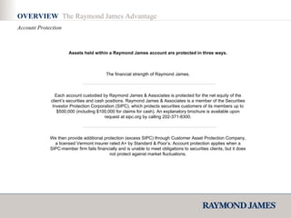 Assets held within a Raymond James account are protected in three ways. The financial strength of Raymond James. Each account custodied by Raymond James & Associates is protected for the net equity of the client’s securities and cash positions. Raymond James & Associates is a member of the Securities Investor Protection Corporation (SIPC), which protects securities customers of its members up to $500,000 (including $100,000 for claims for cash). An explanatory brochure is available upon request at sipc.org by calling 202-371-8300. We then provide additional protection (excess SIPC) through Customer Asset Protection Company, a licensed Vermont insurer rated A+ by Standard & Poor’s. Account protection applies when a SIPC-member firm fails financially and is unable to meet obligations to securities clients, but it does not protect against market fluctuations. OVERVIEW  The Raymond James Advantage Account Protection 