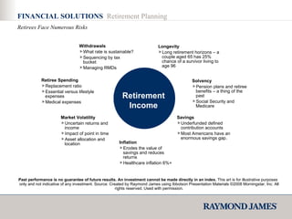 FINANCIAL SOLUTIONS  Retirement Planning Withdrawals What rate is sustainable? Sequencing by tax bucket Managing RMDs Retirement Income Retiree Spending Replacement ratio Essential versus lifestyle expenses Medical expenses Market Volatility Uncertain returns and income Impact of point in time Asset allocation and location Longevity Long retirement horizons – a couple aged 65 has 25% chance of a survivor living to age 96 Solvency Pension plans and retiree benefits – a thing of the past Social Security and Medicare Savings Underfunded defined contribution accounts Most Americans have an enormous savings gap. Inflation Erodes the value of savings and reduces returns Healthcare inflation 6%+ Past performance is no guarantee of future results. An investment cannot be made directly in an index.  This art is for illustrative purposes only and not indicative of any investment. Source: Created by Raymond James using Ibbotson Presentation Materials ©2008 Morningstar, Inc.  All rights reserved. Used with permission. Retirees Face Numerous Risks 