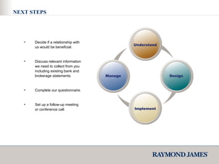 Decide if a relationship with us would be beneficial. Discuss relevant information we need to collect from you including existing bank and brokerage statements.  Complete our questionnaire. Set up a follow-up meeting or conference call.  Understand Design Implement Manage NEXT STEPS 