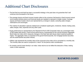 Additional Chart Disclosures •  The fact that buy-and-hold has been a successful strategy in the past does not guarantee that it will  continue to be successful in the future.  •  The average (equity and fixed income) investor refers to the universe of all (equity or fixed income) mutual  fund investors whose actions and financial results are restated to represent a single investor. Average  (equity and fixed) investor returns are represented by a change in assets, excluding sales charges,  redemptions and exchanges.  •  This method of calculation captures realized and unrealized capital gains, dividends, interest, trading costs,  sales charges, fees, expenses and any other costs. •  Equity performance is represented by the Standard & Poor's 500 Composite Index (an unmanaged index  of 500 widely held stocks). Fixed Income performance is represented by the Lehman Brothers Aggregate  Bond Index (an index which measures changes in the fixed rate debt issues rated investment grade or  higher. The aggregate index is comprised of the government/corporate, the mortgage-backed securities  and the asset-backed securities indices).  •  Inflation rate represents the monthly value of the consumer price index and is converted to a monthly rate.  The monthly rates are used to compound a "return" for the period under consideration.  •  An investor cannot invest directly in an index. Index returns do not reflect the deduction of fees, trading  costs or other expenses. 
