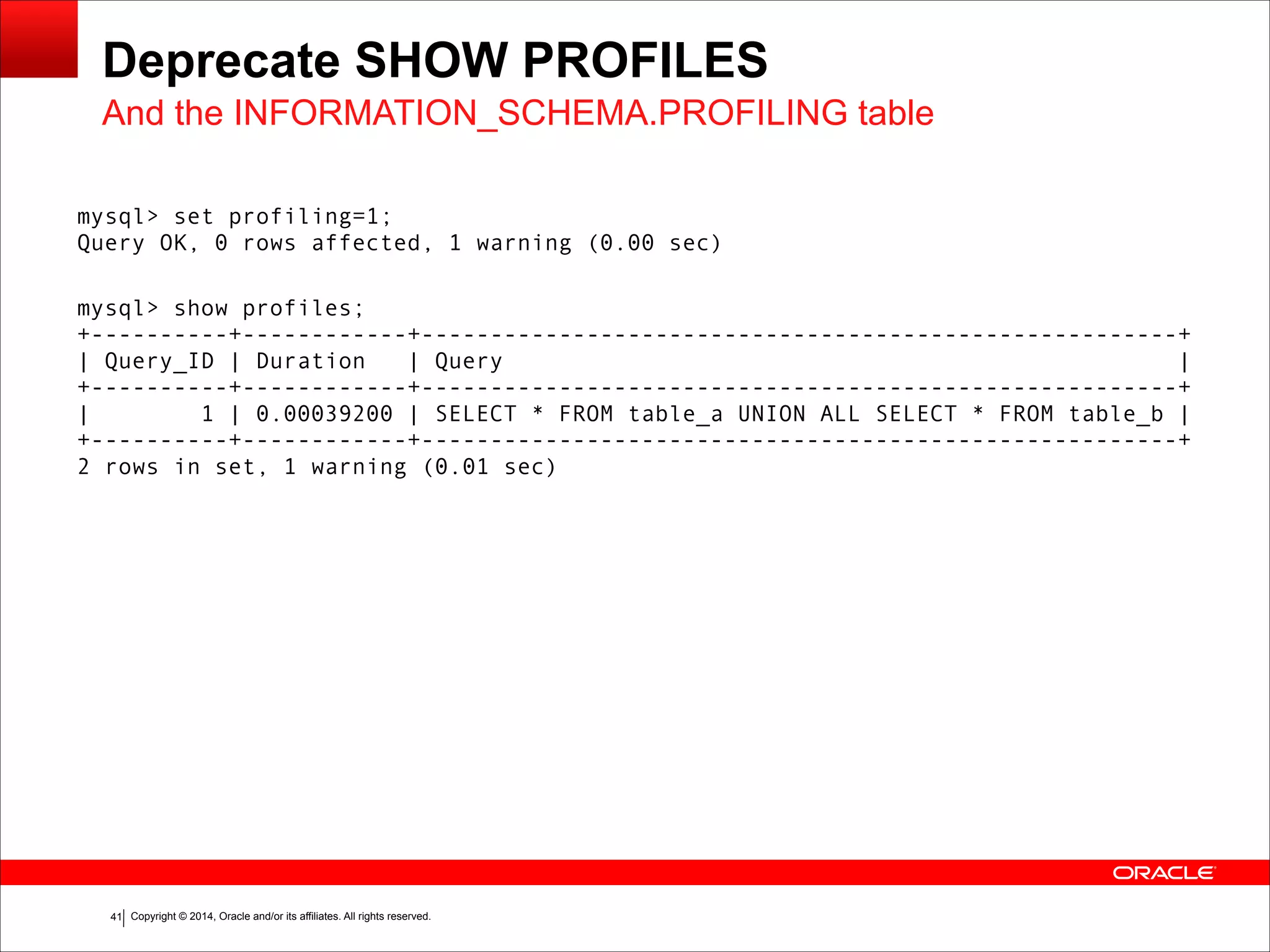 Copyright © 2014, Oracle and/or its affiliates. All rights reserved.!41
Deprecate SHOW PROFILES
And the INFORMATION_SCHEMA.PROFILING table
mysql> set profiling=1; 
Query OK, 0 rows affected, 1 warning (0.00 sec)
 
mysql> show profiles; 
+----------+------------+-------------------------------------------------------+ 
| Query_ID | Duration | Query | 
+----------+------------+-------------------------------------------------------+ 
| 1 | 0.00039200 | SELECT * FROM table_a UNION ALL SELECT * FROM table_b | 
+----------+------------+-------------------------------------------------------+ 
2 rows in set, 1 warning (0.01 sec)
 