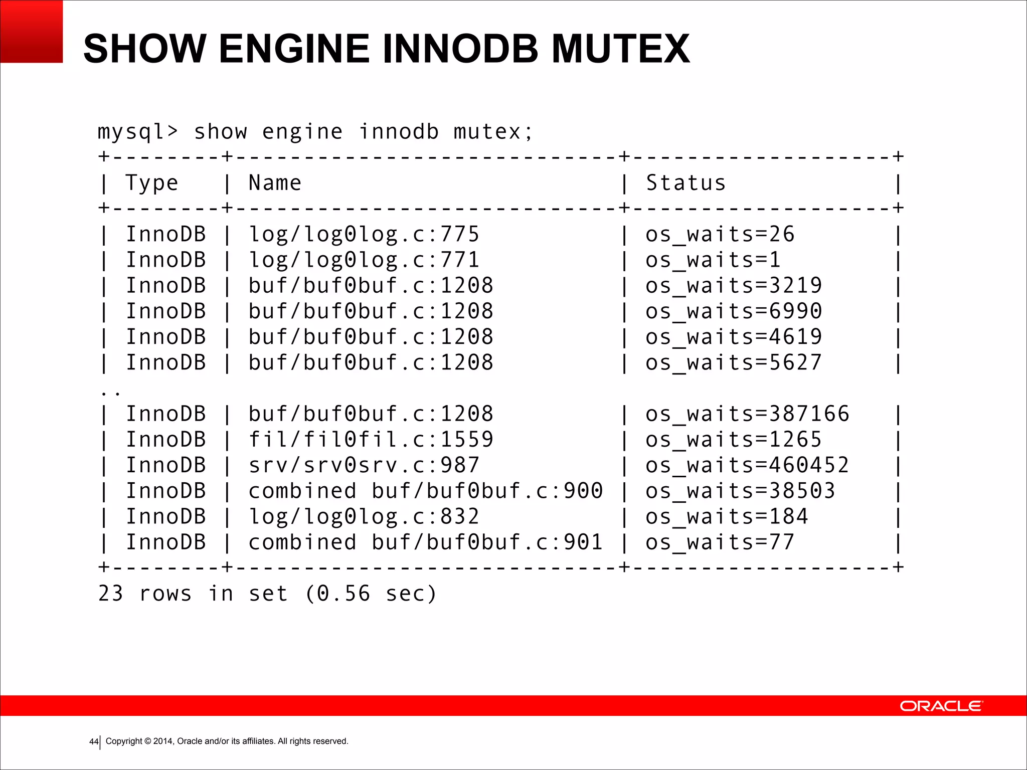 Copyright © 2014, Oracle and/or its affiliates. All rights reserved.!44
SHOW ENGINE INNODB MUTEX
mysql> show engine innodb mutex; 
+--------+----------------------------+-------------------+ 
| Type | Name | Status | 
+--------+----------------------------+-------------------+ 
| InnoDB | log/log0log.c:775 | os_waits=26 | 
| InnoDB | log/log0log.c:771 | os_waits=1 | 
| InnoDB | buf/buf0buf.c:1208 | os_waits=3219 | 
| InnoDB | buf/buf0buf.c:1208 | os_waits=6990 | 
| InnoDB | buf/buf0buf.c:1208 | os_waits=4619 | 
| InnoDB | buf/buf0buf.c:1208 | os_waits=5627 | 
.. 
| InnoDB | buf/buf0buf.c:1208 | os_waits=387166 | 
| InnoDB | fil/fil0fil.c:1559 | os_waits=1265 | 
| InnoDB | srv/srv0srv.c:987 | os_waits=460452 | 
| InnoDB | combined buf/buf0buf.c:900 | os_waits=38503 | 
| InnoDB | log/log0log.c:832 | os_waits=184 | 
| InnoDB | combined buf/buf0buf.c:901 | os_waits=77 | 
+--------+----------------------------+-------------------+ 
23 rows in set (0.56 sec)
 