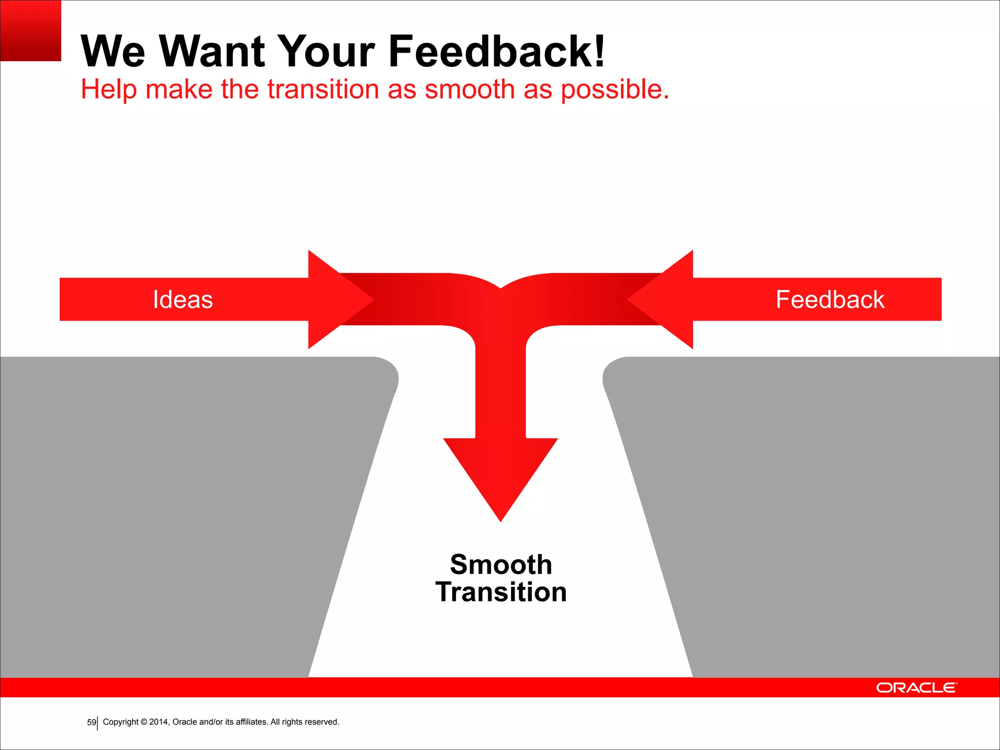 Copyright © 2014, Oracle and/or its affiliates. All rights reserved.!59
We Want Your Feedback!
Smooth
Transition
Ideas Feedback
Help make the transition as smooth as possible.
 