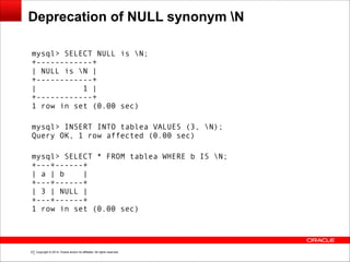 Copyright © 2014, Oracle and/or its affiliates. All rights reserved.!37
Deprecation of NULL synonym N
mysql> SELECT NULL is N; 
+------------+ 
| NULL is N | 
+------------+ 
| 1 | 
+------------+ 
1 row in set (0.00 sec)
 
mysql> INSERT INTO tablea VALUES (3, N); 
Query OK, 1 row affected (0.00 sec)
 
mysql> SELECT * FROM tablea WHERE b IS N; 
+---+------+ 
| a | b | 
+---+------+ 
| 3 | NULL | 
+---+------+ 
1 row in set (0.00 sec)
 