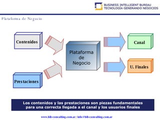 Plataforma de Negocio U. Finales Prestaciones Contenidos Canal Plataforma de Negocio Los contenidos y las prestaciones son piezas fundamentales para una correcta llegada a el canal y los usuarios finales 