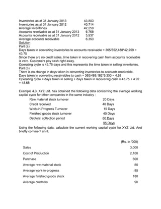 Inventories as at 31 January 2013 43,803
Inventories as at 31 January 2012 40,714
Average inventories 42,259
Accounts receivable as at 31 January 2013 6,768
Accounts receivable as at 31 January 2012 5,937
Average accounts receivable 6,353
Solution
Part (a)
Days taken in converting inventories to accounts receivable = 365/352,488*42,259 =
43.75
Since there are no credit sales, time taken in recovering cash from accounts receivable
is zero. Customers pay cash right away.
Operating cycle is 43.75 days and this represents the time taken in selling inventories.
Part (b)
There is no change in days taken in converting inventories to accounts receivable.
Days taken in converting receivables to cash = 365/469,162*6,353 = 4.92
Operating cycle = days taken in selling + days taken in recovering cash = 43.75 + 4.92
= 48.68
Example 4.3. XYZ Ltd. has obtained the following data concerning the average working
capital cycle for other companies in the same industry :
Raw material stock turnover 20 Days
Credit received 40 Days
Work-in-Progress Turnover 15 Days
Finished goods stock turnover 40 Days
Debtors' collection period 60 Days
95 Days
Using the following data, calculate the current working capital cycle for XYZ Ltd. And
briefly comment on it.
(Rs. in '000)
Sales 3,000
Cost of Production 2,100
Purchase 600
Average raw material stock 80
Average work-in-progress 85
Average finished goods stock 180
Average creditors 90
 