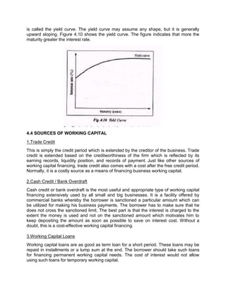 is called the yield curve. The yield curve may assume any shape, but it is generally
upward sloping. Figure 4.10 shows the yield curve. The figure indicates that more the
maturity greater the interest rate.
4.4 SOURCES OF WORKING CAPITAL
1.Trade Credit
This is simply the credit period which is extended by the creditor of the business. Trade
credit is extended based on the creditworthiness of the firm which is reflected by its
earning records, liquidity position, and records of payment. Just like other sources of
working capital financing, trade credit also comes with a cost after the free credit period.
Normally, it is a costly source as a means of financing business working capital.
2.Cash Credit / Bank Overdraft
Cash credit or bank overdraft is the most useful and appropriate type of working capital
financing extensively used by all small and big businesses. It is a facility offered by
commercial banks whereby the borrower is sanctioned a particular amount which can
be utilized for making his business payments. The borrower has to make sure that he
does not cross the sanctioned limit. The best part is that the interest is charged to the
extent the money is used and not on the sanctioned amount which motivates him to
keep depositing the amount as soon as possible to save on interest cost. Without a
doubt, this is a cost-effective working capital financing.
3.Working Capital Loans
Working capital loans are as good as term loan for a short period. These loans may be
repaid in installments or a lump sum at the end. The borrower should take such loans
for financing permanent working capital needs. The cost of interest would not allow
using such loans for temporary working capital.
 