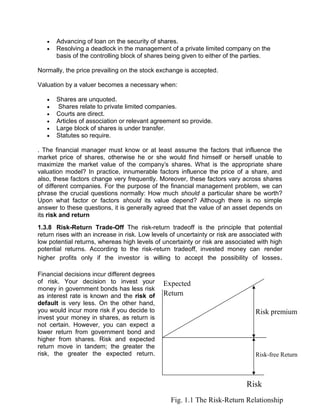  Advancing of loan on the security of shares.
 Resolving a deadlock in the management of a private limited company on the
basis of the controlling block of shares being given to either of the parties.
Normally, the price prevailing on the stock exchange is accepted.
Valuation by a valuer becomes a necessary when:
 Shares are unquoted.
 Shares relate to private limited companies.
 Courts are direct.
 Articles of association or relevant agreement so provide.
 Large block of shares is under transfer.
 Statutes so require.
. The financial manager must know or at least assume the factors that influence the
market price of shares, otherwise he or she would find himself or herself unable to
maximize the market value of the company's shares. What is the appropriate share
valuation model? In practice, innumerable factors influence the price of a share, and
also, these factors change very frequently. Moreover, these factors vary across shares
of different companies. For the purpose of the financial management problem, we can
phrase the crucial questions normally: How much should a particular share be worth?
Upon what factor or factors should its value depend? Although there is no simple
answer to these questions, it is generally agreed that the value of an asset depends on
its risk and return
1.3.8 Risk-Return Trade-Off The risk-return tradeoff is the principle that potential
return rises with an increase in risk. Low levels of uncertainty or risk are associated with
low potential returns, whereas high levels of uncertainty or risk are associated with high
potential returns. According to the risk-return tradeoff, invested money can render
higher profits only if the investor is willing to accept the possibility of losses.
Financial decisions incur different degrees
of risk. Your decision to invest your
money in government bonds has less risk
as interest rate is known and the risk of
default is very less. On the other hand,
you would incur more risk if you decide to
invest your money in shares, as return is
not certain. However, you can expect a
lower return from government bond and
higher from shares. Risk and expected
return move in tandem; the greater the
risk, the greater the expected return.
Risk premium
Risk-free Return
Risk
Expected
Return
Fig. 1.1 The Risk-Return Relationship
 