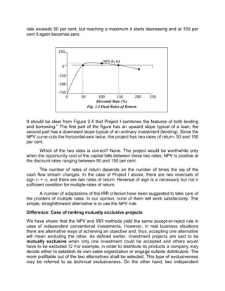 rate exceeds 50 per cent, but reaching a maximum it starts decreasing and at 150 per
cent it again becomes zero.
It should be clear from Figure 2.4 that Project I combines the features of both lending
and borrowing.'' The first part of the figure has an upward slope typical of a loan; the
second part has a downward slope typical of an ordinary investment (lending). Since the
NPV curve cuts the horizontal-axis twice, the project has two rates of return, 50 and 150
per cent.
Which of the two rates is correct? None. The project would be worthwhile only
when the opportunity cost of the capital falls between these two rates; NPV is positive at
the discount rates ranging between 50 and 150 per cent.
The number of rates of return depends on the number of times the sip of the
cash flow stream changes. In the case of Project I above, there are two reversals of
sign (- + -), and there are two rates of return. Reversal of sign is a necessary but not n
sufficient condition for multiple rates of return.
A number of adaptations of the IRR criterion have been suggested to take care of
the problem of multiple rates. In our opinion, none of them will work satisfactorily. The
simple, straightforward alternative is to use the NPV rule.
Difference: Case of ranking mutually exclusive projects
We have shown that the NPV and IRR methods yield the same accept-or-reject rule in
case of independent conventional investments. However, in real business situations
there are alternative ways of achieving an objective and, thus, accepting one alternative
will mean excluding the other. As defined earlier, investment projects are said to be
mutually exclusive when only one investment could be accepted and others would
have to be excluded.12 For example, in order to distribute its products a company may
decide either to establish its own sales organization or engage outside distributors. The
more profitable out of the two alternatives shall be selected. This type of exclusiveness
may be referred to as technical exclusiveness. On the other hand, two independent
250
NPV Rs 63
0
-250
-500
-750
0 50 100 150 200 250
Discount Rate (%)
Fig. 2.4 Dual Rales of Return
 