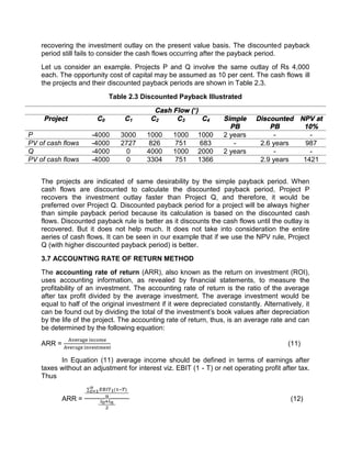 recovering the investment outlay on the present value basis. The discounted payback
period still fails to consider the cash flows occurring after the payback period.
Let us consider an example. Projects P and Q involve the same outlay of Rs 4,000
each. The opportunity cost of capital may be assumed as 10 per cent. The cash flows ill
the projects and their discounted payback periods are shown in Table 2.3.
Table 2.3 Discounted Payback Illustrated
Cash Flow (`)
Project C0 C1 C2 C3 C4 Simple
PB
Discounted
PB
NPV at
10%
P -4000 3000 1000 1000 1000 2 years - -
PV of cash flows -4000 2727 826 751 683 - 2.6 years 987
Q -4000 0 4000 1000 2000 2 years - -
PV of cash flows -4000 0 3304 751 1366 2.9 years 1421
The projects are indicated of same desirability by the simple payback period. When
cash flows are discounted to calculate the discounted payback period, Project P
recovers the investment outlay faster than Project Q, and therefore, it would be
preferred over Project Q. Discounted payback period for a project will be always higher
than simple payback period because its calculation is based on the discounted cash
flows. Discounted payback rule is better as it discounts the cash flows until the outlay is
recovered. But it does not help much. It does not take into consideration the entire
aeries of cash flows. It can be seen in our example that if we use the NPV rule, Project
Q (with higher discounted payback period) is better.
3.7 ACCOUNTING RATE OF RETURN METHOD
The accounting rate of return (ARR), also known as the return on investment (ROI),
uses accounting information, as revealed by financial statements, to measure the
profitability of an investment. The accounting rate of return is the ratio of the average
after tax profit divided by the average investment. The average investment would be
equal to half of the original investment if it were depreciated constantly. Alternatively, it
can be found out by dividing the total of the investment's book values after depreciation
by the life of the project. The accounting rate of return, thus, is an average rate and can
be determined by the following equation:
ARR = (11)
In Equation (11) average income should be defined in terms of earnings after
taxes without an adjustment for interest viz. EBIT (1 - T) or net operating profit after tax.
Thus
ARR =
∑ ( )
(12)
 