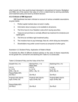 what it would cost, they would be least interested in reinvestment of income. Modigiliani
and Miller are of the opinion that value of a firm is determined by earning potentiality
and investment policy and never by dividend decision.
4.5.3 Criticism of MM Approach
MM Hypothesis has been criticized on account of various unrealistic assumptions
as given below.
1. Perfect capital markets does not exist in reality.
2. Information about company is not available to all persons.
3. The firms have to incur floatation costs which issuing securities.
4. Taxes do exit and there is normally different tax treatment for dividends and
capital gains.
5. The firms do not follow rigid investment policy.
6. The investors have to pay brokerage, fees etc. which doing any transaction.
7. Shareholders may prefer current income as compared to further gains.
Illustration 4.2: Dividend Policy: Application of Walter's Model
To illustrate the effect of different dividend policies on the value of shares respectively
for the growth firm, normal firm and declining firm Table 4.2 is constructed.
Table 4.2 Dividend Policy and the Value of the Firm
Growth Firm, r>k Normal Firm, r = k
Basic Data
Declining Firm, r<k
r=0.15
k = 0.10
EPS, = Rs 10
r=0.10
k = 0.10
EPS, = Rs. 10
r=0.08
k = 0.10
EPS,=Rs.10
Payout Ratio 40%
Div=Rs.4 Div=Rs.4 Div=Rs.4
P={4+(0.15/0.10)(10-
4)}/0.10=Rs.130
P={4+(0.10/0.10)(10-
4)}/0.10=Rs.100
P={4+(0.08/0.10)(10-
4)}/0.10=Rs.188
Payout Ratio 80%
Div=Rs.8 Div=Rs.8 Div=Rs.8
 
