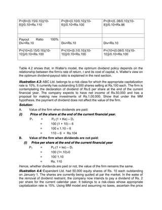 P={8+(0.15/0.10)(10-
8)}/0.10=Rs.110
P={8+(0.10/0.10)(10-
8)}/0.10=Rs.100
P={8+(0..08/0.10)(10-
8)}/0.10=Rs.96
Payout Ratio 100%
Div=Rs.10 Div=Rs.10 Div=Rs.10
P={10+(0.15/0.10)(10-
10)}/0.10=Rs.100
P={10+(0.1/0.10)(10-
10)}/0.10=Rs.100
P={10+(0.08/0.10)(10-
10)}/0.10=Rs.100
Table 4.2 shows that, in Walter's model, the optimum dividend policy depends on the
relationship between the firm's rate of return, r and its cost of capital, k. Walter's view on
the optimum dividend-payout ratio is explained in the next section.
Illustration 4.3: ABC Ltd. belongs to a risk class for which the appropriate capitalization
rate is 10%. It currently has outstanding 5,000 shares selling at Rs.100 each. The firm is
contemplating the declaration of dividend of Rs.6 per share at the end of the current
financial year. The company expects to have net income of Rs.50,000 and has a
proposal for making new investments of Rs.1,00,000. Show that under the MM
hypothesis, the payment of dividend does not affect the value of the firm.
Solution:
A. Value of the firm when dividends are paid:
(i) Price of the share at the end of the current financial year.
P1 = P0 (1 + Ke) – D1
= 100 (1 + 10) – 6
= 100 x 1.10 – 6
= 110 – 6 = Rs.104
B. Value of the firm when dividends are not paid:
(i) Price per share at the end of the current financial year
P1 = P0 (1 + ke) – D1
= 100 (1+.10)-0
= 100´1.10
= Rs. 110
Hence, whether dividends are paid or not, the value of the firm remains the same.
Illustration 4.4: Expandent Ltd. had 50,000 equity shares of Rs. 10 each outstanding
on January 1. The shares are currently being quoted at par the market. In the wake of
the removal of dividend restraint, the company now intends to pay a dividend of Rs. 2
per share for the current calendar year. It belongs to a risk-class whose appropriate
capitalization rate is 15%. Using MM model and assuming no taxes, ascertain the price
 