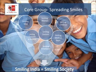 Core Group- Spreading Smiles
          Smiling
Smiling   Women
                        Smiling
 Men                    Children


          Smiling
          Doctors   Smiling
                    Medical
                     Reps.
 