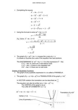 § Completing the square
x
2
– 4x – 3 = 0
(x – 2)
2
– (2)
2
– 3 = 0
(x – 2)
2
– 7 = 0
(x – 2)
2
= 7
x – 2 = ± 7
x = 2 + 7 or x = 2 – 7
§ Using the formula to solve ax2
+ bx + c = 0
x =
– b ± b
2
– 4ac
2a
E.g Solve x2
- 4x - 3 = 0
x =
– ( – 4) ± ( – 4)
2
– 4 ´ 1 ´ ( – 3)
2 ´ 1
=
4 ± 28
2
= 2 ± 7
§ The graph of y = ax2
+ bx + c crosses the y axis at y = c
It crosses or touches the x-axis if the equation has real solutions
The DISCRIMINANT of ax2
+ bx + c = 0 is the expression b2
– 4ac
If b2
– 4ac >0 there are 2 real distinct roots
If b2
– 4ac = 0 there is one repeated root
If b2
– 4ac < 0 there are no real roots
Graphs of Quadratic Functions
§ The graph of any quadratic expression in x is called a PARABOLA
§ The graph of y – q = k(x - p)2
is a TRANSLATION of the graph y = kx2
In VECTOR notation this translation can be described as ú
û
ù
ê
ë
é p
q
The equation can also be written as y = k(x – p)2
+ q
The VERTEX of the graph is (p,q)
The LINE OF SYMMETRY is x = p
3
2x
2
+ 4x + 5 = 2(x + 1)
2
+ 3
Vertex (-1,3)
Line of symmetry x = -1
y
x1 2 3 4 5– 1– 2– 3– 4– 5
1
2
3
4
5
6
7
8
9
10
– 1
– 2
– 3
– 4
Translation of y=2x2
ú
û
ù
ê
ë
é-1
3
www.mathsbox.org.uk
 