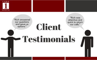 Client
Testimonials
"Rich answered
our questions
and gave us
options."
"Rich was
attentive and
quick to return
our calls."
 