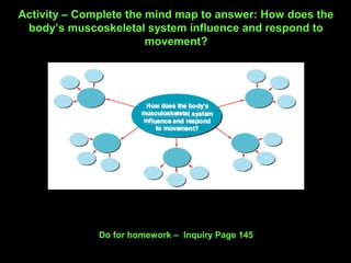 Activity – Complete the mind map to answer: How does the
body’s muscoskeletal system influence and respond to
movement?
Do for homework – Inquiry Page 145
 