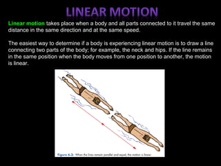 Linear motion takes place when a body and all parts connected to it travel the same
distance in the same direction and at the same speed.
The easiest way to determine if a body is experiencing linear motion is to draw a line
connecting two parts of the body; for example, the neck and hips. If the line remains
in the same position when the body moves from one position to another, the motion
is linear.
 
