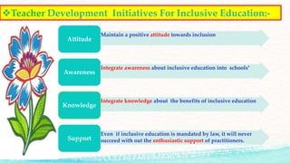 Teacher Development Initiatives For Inclusive Education:-
•Maintain a positive attitude towards inclusion
Attitude
•Integrate awareness about inclusive education into schools’
Awareness
•Integrate knowledge about the benefits of inclusive education
Knowledge
•Even if inclusive education is mandated by law, it will never
succeed with out the enthusiastic support of practitioners.Support
 