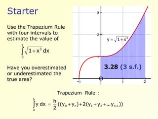 Starter Use the Trapezium Rule with four intervals to estimate the value of  Have you overestimated or underestimated the true area? 3.28  (3 s.f.) 