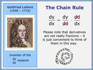 The Chain Rule Please note that derivatives are not really fractions – it is just convenient to think of them in this way.  Gottfried Leibniz (1646 – 1716) Inventor of the notation 