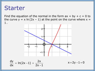 Starter   Find the equation of the normal in the form ax + by + c = 0 to the curve y = x ln   (2x – 1) at the point on the curve where x = 1   . 