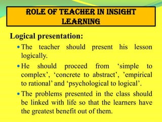 Role of Teacher in Insight
Learning
Logical presentation:
 The teacher should present his lesson
logically.
 He should proceed from ‘simple to
complex’, ‘concrete to abstract’, ’empirical
to rational’ and ‘psychological to logical’.
 The problems presented in the class should
be linked with life so that the learners have
the greatest benefit out of them.
 