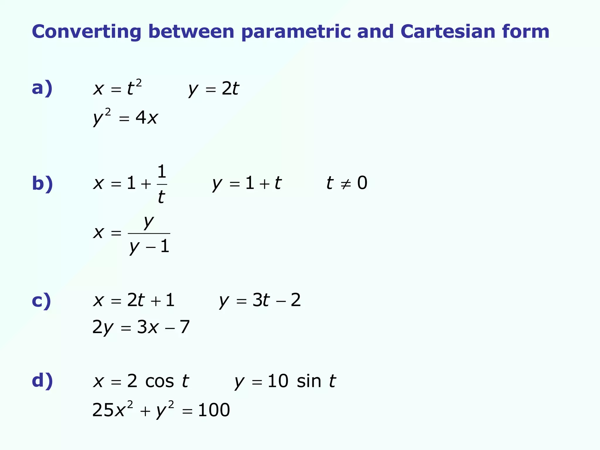 Converting between parametric and Cartesian form a) b) c) d)