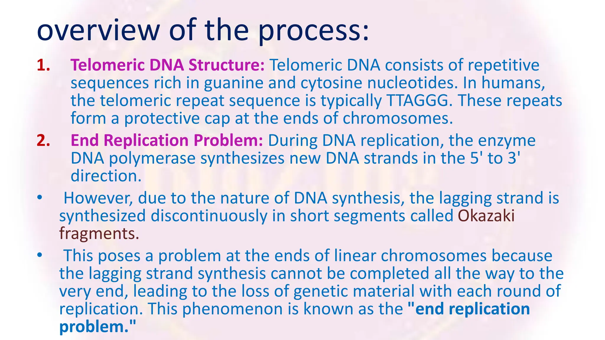 overview of the process:
1. Telomeric DNA Structure: Telomeric DNA consists of repetitive
sequences rich in guanine and cytosine nucleotides. In humans,
the telomeric repeat sequence is typically TTAGGG. These repeats
form a protective cap at the ends of chromosomes.
2. End Replication Problem: During DNA replication, the enzyme
DNA polymerase synthesizes new DNA strands in the 5' to 3'
direction.
• However, due to the nature of DNA synthesis, the lagging strand is
synthesized discontinuously in short segments called Okazaki
fragments.
• This poses a problem at the ends of linear chromosomes because
the lagging strand synthesis cannot be completed all the way to the
very end, leading to the loss of genetic material with each round of
replication. This phenomenon is known as the "end replication
problem."
 