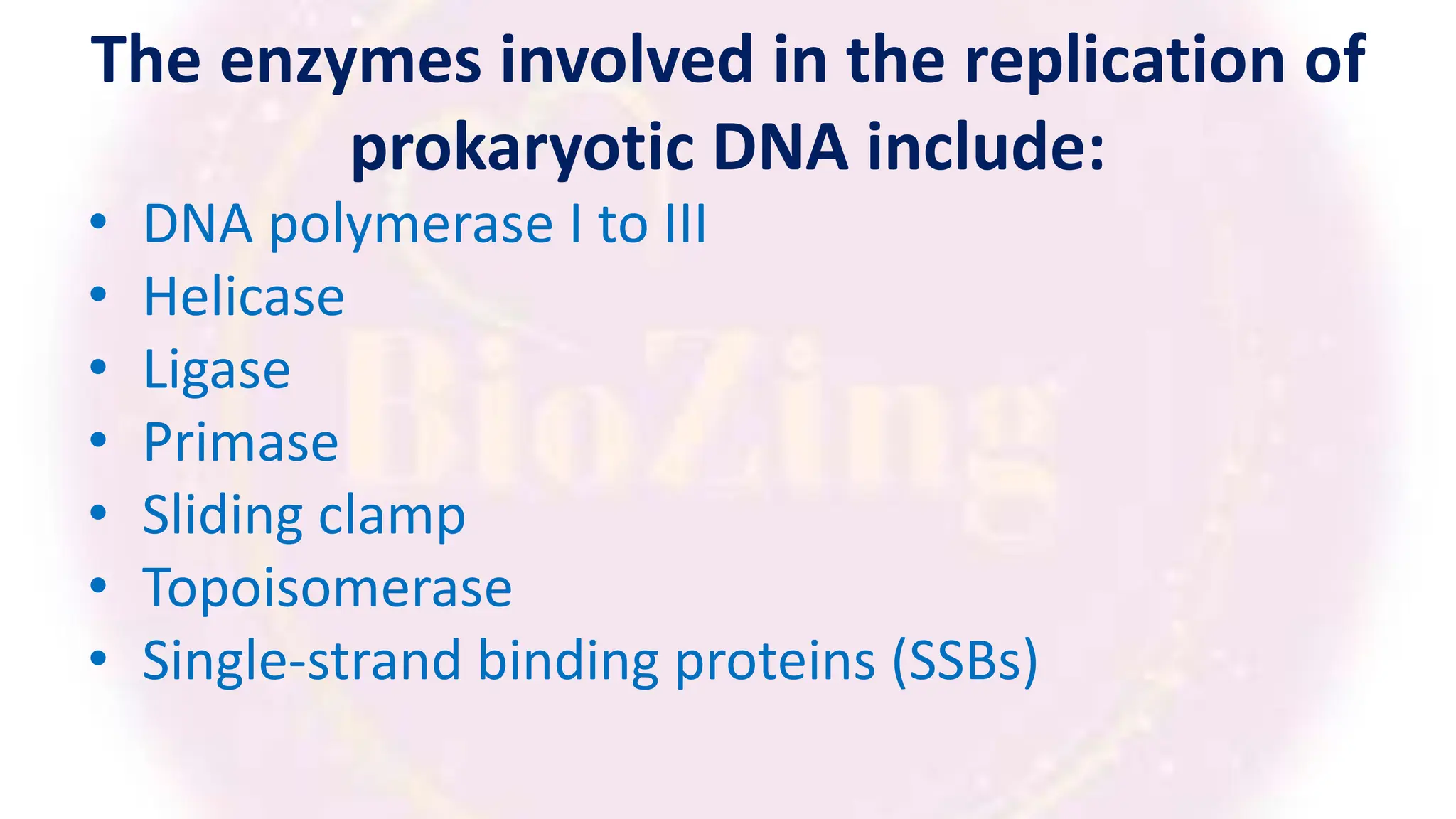 The enzymes involved in the replication of
prokaryotic DNA include:
• DNA polymerase I to III
• Helicase
• Ligase
• Primase
• Sliding clamp
• Topoisomerase
• Single-strand binding proteins (SSBs)
 