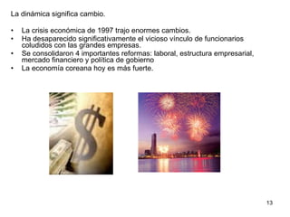 La dinámica significa cambio. La crisis económica de 1997 trajo enormes cambios.  Ha desaparecido significativamente el vicioso vínculo de funcionarios coludidos con las grandes empresas. Se consolidaron 4 importantes reformas: laboral, estructura empresarial, mercado financiero y política de gobierno La economía coreana hoy es más fuerte. 