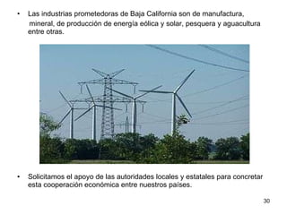 Las industrias prometedoras de Baja California son de manufactura, mineral, de producción de energía eólica y solar, pesquera y aguacultura entre otras. Solicitamos el apoyo de las autoridades locales y estatales para concretar esta cooperación económica entre nuestros países.  