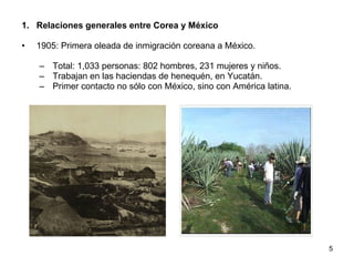 Relaciones generales entre Corea y México 1905: Primera oleada de inmigración coreana a México. Total: 1,033 personas: 802 hombres, 231 mujeres y niños. Trabajan en las haciendas de henequén, en Yucatán. Primer contacto no sólo con México, sino con América latina. 