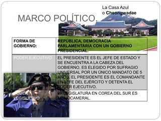 MARCO POLÍTICO
FORMA DE
GOBIERNO:
REPÚBLICA, DEMOCRACIA
PARLAMENTARIA CON UN GOBIERNO
PRESIDENCIAL.
PODER EJECUTIVO EL PRESIDENTE ES EL JEFE DE ESTADO Y
SE ENCUENTRA A LA CABEZA DEL
GOBIERNO. ES ELEGIDO POR SUFRAGIO
UNIVERSAL POR UN ÚNICO MANDATO DE 5
AÑOS. EL PRESIDENTE ES EL COMANDANTE
EN JEFE DEL EJÉRCITO Y DETENTA EL
PODER EJECUTIVO.
PODER
LEGISLATIVO
LA LEGISLATURA EN COREA DEL SUR ES
MONOCAMERAL.
La Casa Azul
o Cheongwadae
 