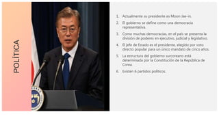 1. Actualmente su presidente es Moon Jae-in.
2. El gobierno se define como una democracia
representativa.
3. Como muchas democracias, en el país se presenta la
división de poderes en ejecutivo, judicial y legislativo.
4. El jefe de Estado es el presidente, elegido por voto
directo popular para un único mandato de cinco años.
5. La estructura del gobierno surcoreano está
determinada por la Constitución de la República de
Corea.
6. Existen 6 partidos políticos.
POLÍTICA
 