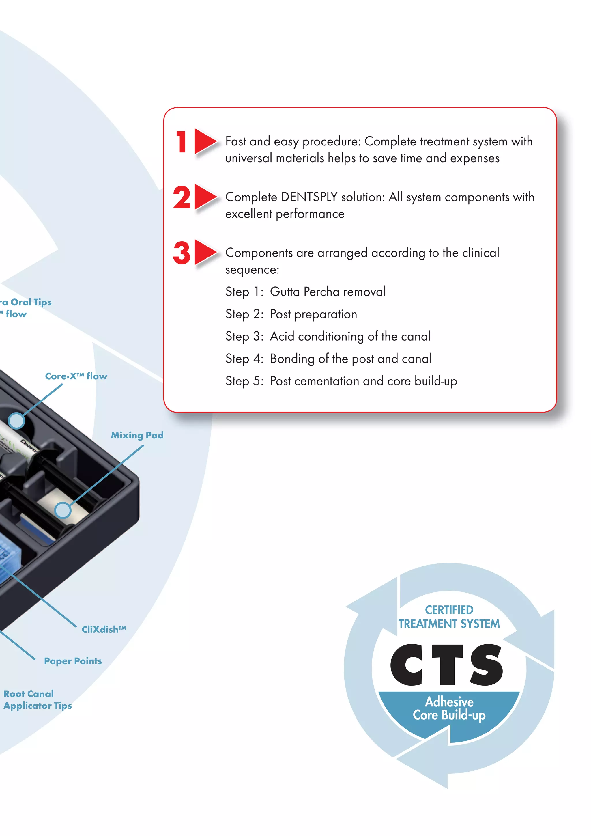 Fast and easy procedure: Complete treatment system with
universal materials helps to save time and expenses
Complete DENTSPLY solution: All system components with
excellent performance
Components are arranged according to the clinical
sequence:
Step 1: Gutta Percha removal
Step 2: Post preparation
Step 3: Acid conditioning of the canal
Step 4: Bonding of the post and canal
Step 5: Post cementation and core build-up
ra Oral Tips
™ flow
Core·X™ flow
Mixing Pad
CliXdish™
Paper Points
Root Canal
Applicator Tips
3
2
1
 