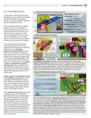 6 Report #7 | Core Assets Corp.
ALL THE MORE SPECIAL
1) Core Assets‘ newly found outcrops,
probably never seen before by mankind,
revealed themselves only because
glaciers in the area recently retreated on
the back of global warming.
2) To fight global warming in a global
effort, much more metal supply is
needed, including copper, silver, and
lead-acid batteries for an electric car‘s
starter motor for example. To make
the world‘s aging infrastructure more
resilient, metals like zinc are in high
demand. To stand one‘s ground against
inflation, gold is getting more popular.
3) The discovered outcrops at Blue
have been classified as “carbonate
replacement mineralization“, indicating
the existence of a Carbonate
Replacement Deposit (CRD) beneath
the surface. Some of the world‘s best
CRDs are extensive in size and host high
grades of zinc, lead, silver, copper, gold
or molybdenum. On top of that: Some
CRDs can be followed all the way to the
source: A sometimes giant-sized copper
(± gold or molybdenum) porphyry
stock/deposit. Now we‘re talking not 1
but potentially 2 deposit types on the
Blue Property; not to mention porphyry-
related skarn deposits near the rim of
the intrusive.
4) Why is there no exploration rush into
the area if Blue is so special? By having
expanded the Blue Property to more
than 1,000 km2, indeed there might be
even more deposits along the Llewelyn
Fault Zone – a district-scale plumbing
system analog to other prolific mining
camps in the Golden Triangle?
5) It‘s all about the limestone: How come
companies active a few hundreds of
kilometres further south in British Colum-
bia‘s Golden Triangle are chasing large
porphyry deposits but you never hear
about any CRDs? That‘s because they
don‘t have the limestone (or dolomite,
marl), a permeable and acid-reactive host
rock into which the pulsating porphyry
pumps its metallic fluids to dissolve and
replace sedimentary carbonates with
sulphide minerals; watch how limestone
reacts with vinegar.
The Bingham Canyon Mine is an open-pit mining operation extracting a large
porphyry copper deposit in Utah, USA. The mine is the largest man-made excavation
and deepest open-pit mine in the world, which is considered to have produced more
copper than any other mine in history – more than 19 million tons. The mine is owned
by Rio Tinto Group. Bingham Canyon has been in production since 1906 and has
resulted in the creation of a pit over 1,210 m deep, 4 km wide; 7.7 km2. (Source)
“One other thing to take away ... very seldom only one manto. Sort of two end-members
for these, one of which I call the “Skeletal Hand“ Model because you end up with a wrist
(in this case with...) a porphyry system but with a series of parallel mantos showing a dis-
trict-wide zonation [fingers]... Notethescalehere[attheDeerTrailProjectfromMAGSilver
Corp.inUtah]: 4 km for these enormous high-grade ore bodies. The other end-member
is what I call the “Hub & Spoke“ Model and Bingham Canyon demonstrates that beau-
tifully. Everybody knows Bingham Canyon... it‘s one of the world‘s best porphyry copper
mines. But people don‘t necessarily remember, or maybe never knew, is that Bingham is
completely surrounded by high-grade lead-zinc-silver-copper carbonate replacement and
skarn mineralization. A lot of these bodies were mined 60 years before they even started
thinking about mining the porphyry.“ (Source)
 
