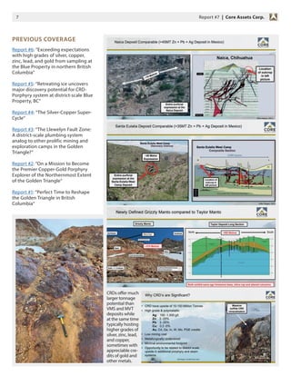 7 Report #7 | Core Assets Corp.
PREVIOUS COVERAGE
Report #6: “Exceeding expectations
with high grades of silver, copper,
zinc, lead, and gold from sampling at
the Blue Property in northern British
Columbia“
Report #5: “Retreating ice uncovers
major discovery potential for CRD-
Porphyry system at district-scale Blue
Property, BC“
Report #4: “The Silver-Copper Super-
Cycle“
Report #3: “The Llewelyn Fault Zone:
A district-scale plumbing system
analog to other prolific mining and
exploration camps in the Golden
Triangle?“
Report #2: “On a Mission to Become
the Premier Copper-Gold Porphyry
Explorer of the Northernmost Extent
of the Golden Triangle“
Report #1: “Perfect Time to Reshape
the Golden Triangle in British
Columbia“
CRDs offer much
larger tonnage
potential than
VMS and MVT
deposits while
at the same time
typically hosting
higher grades of
silver, zinc, lead,
and copper,
sometimes with
appreciable cre-
dits of gold and
other metals.
 