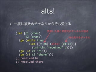 alts!
一度に複数のチャネルから待ち受ける
(let [c1 (chan)
c2 (chan)]
(go (while true
(let [[v ch] (alts! [c1 c2])]
(println “received" v))))...