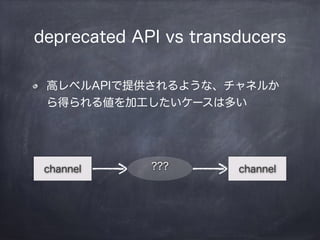 deprecated API vs transducers
高レベルAPIで提供されるような、チャネルか
ら得られる値を加工したいケースは多い
channel ??? channel
 