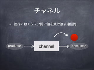 チャネル
並行に動くタスク間で値を受け渡す通信路
producer channel consumer
 