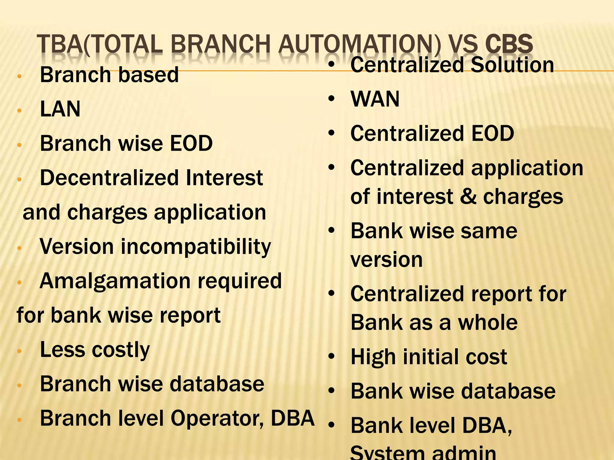 TBA(TOTAL BRANCH AUTOMATION) VS CBS
• Branch based
• LAN
• Branch wise EOD
• Decentralized Interest
and charges application
• Version incompatibility
• Amalgamation required
for bank wise report
• Less costly
• Branch wise database
• Branch level Operator, DBA
• Centralized Solution
• WAN
• Centralized EOD
• Centralized application
of interest & charges
• Bank wise same
version
• Centralized report for
Bank as a whole
• High initial cost
• Bank wise database
• Bank level DBA,
 