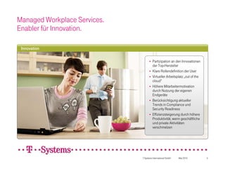Managed Workplace Services.
Enabler für Innovation.

 Innovation

                                       Partizipation an den Innovationen
                                        der Top-Hersteller
                                       Klare Rollendefinition der User
                                       Virtueller Arbeitsplatz „out of the
                                        cloud“
                                       Höhere Mitarbeitermotivation
                                        durch Nutzung der eigenen
                                        Endgeräte
                                       Berücksichtigung aktueller
                                        Trends in Compliance und
                                        Security Readiness
                                       Effizienzsteigerung durch höhere
                                        Produktivität, wenn geschäftliche
                                        und private Aktivitäten
                                        verschmelzen




                              T-Systems International GmbH   Mai 2010         5
 