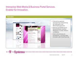 Interactive Web Media & Business Portal Services.
Enabler für Innovation.

 Innovation

                                                    Unternehmensgrenzen
                                                     verschwimmen: Einbeziehung
                                                     der Außenwelt in den
                                                     Wertschöpfungsprozess
                                                    Nutzung und Gestaltung von
                                                     Netzwerkeffekten zwischen
                                                     Mitarbeitern, Kunden, Partnern
                                                     und Märkten
                                                    Externe Generierung von
                                                     Innovationen, z. B. durch Open
                                                     Innovation oder Crowd Sourcing




                                           T-Systems International GmbH   Mai 2010    9
 