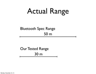 Actual Range
Bluetooth Spec Range
50 m

Our Tested Range
30 m

Monday, November 18, 13

 
