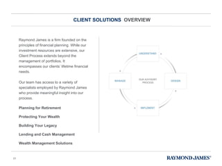 CLIENT SOLUTIONS  OVERVIEW Raymond James is a firm founded on the principles of financial planning. While our investment resources are extensive, our Client Process extends beyond the management of portfolios. It encompasses our clients ’ lifetime financial needs. Our team has access to a variety of specialists employed by Raymond James who provide meaningful insight into our process. Planning for Retirement Protecting Your Wealth  Building Your Legacy  Lending and Cash Management  Wealth Management Solutions 